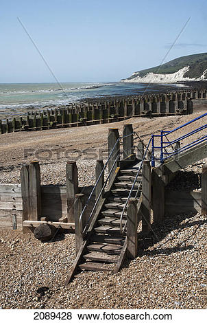 Pictures of Wooden steps, groynes and pebble beach; sussex.