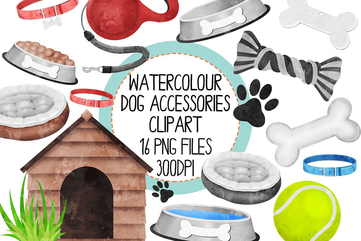 Watercolor Dog AccessoriesClipart Set.