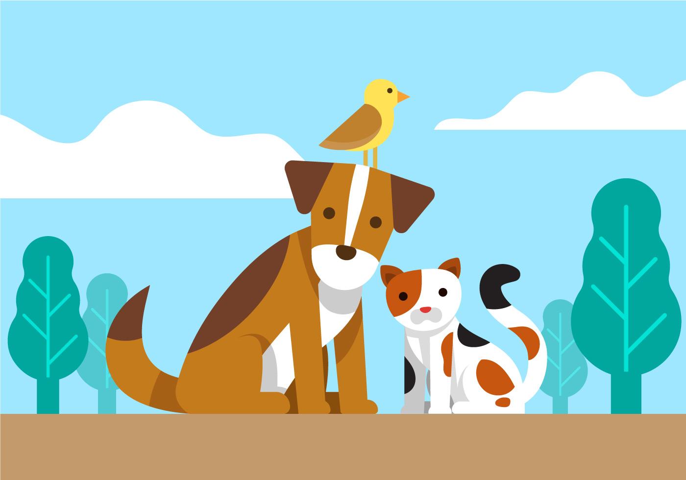 Dog, Cat and Bird Friends Vector.