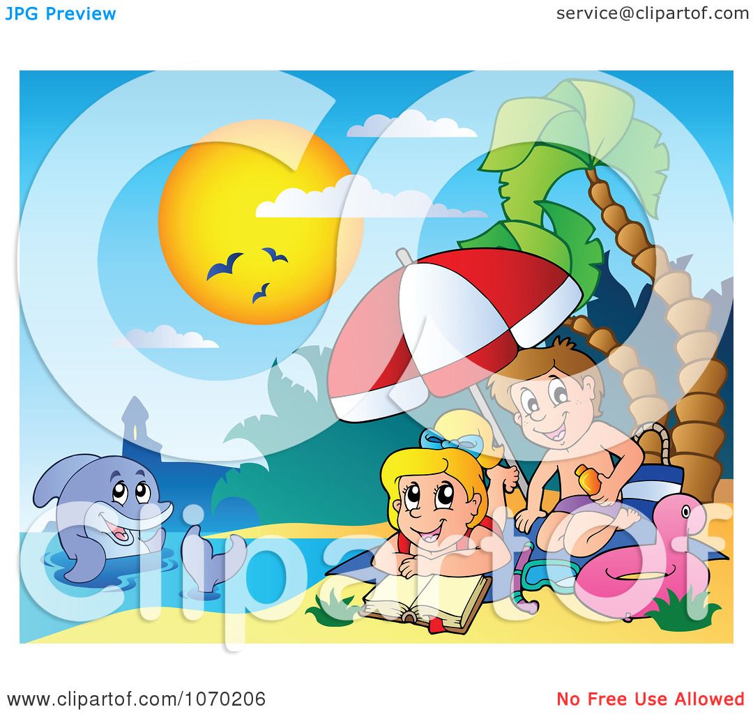 Clipart Dolphin Near Children Applying Sunblock On A Beach.