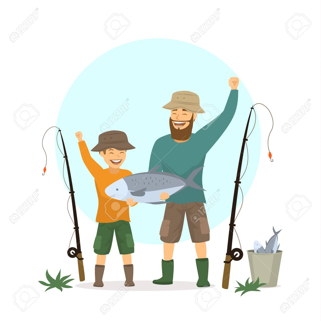 Happy excited father and son fishing scene, isolated vector illustration..