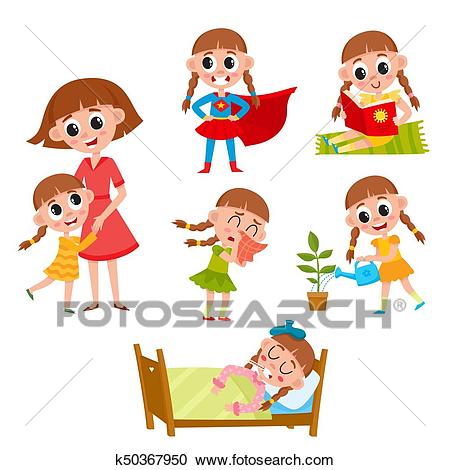 Little girl, daily routine set Clipart.