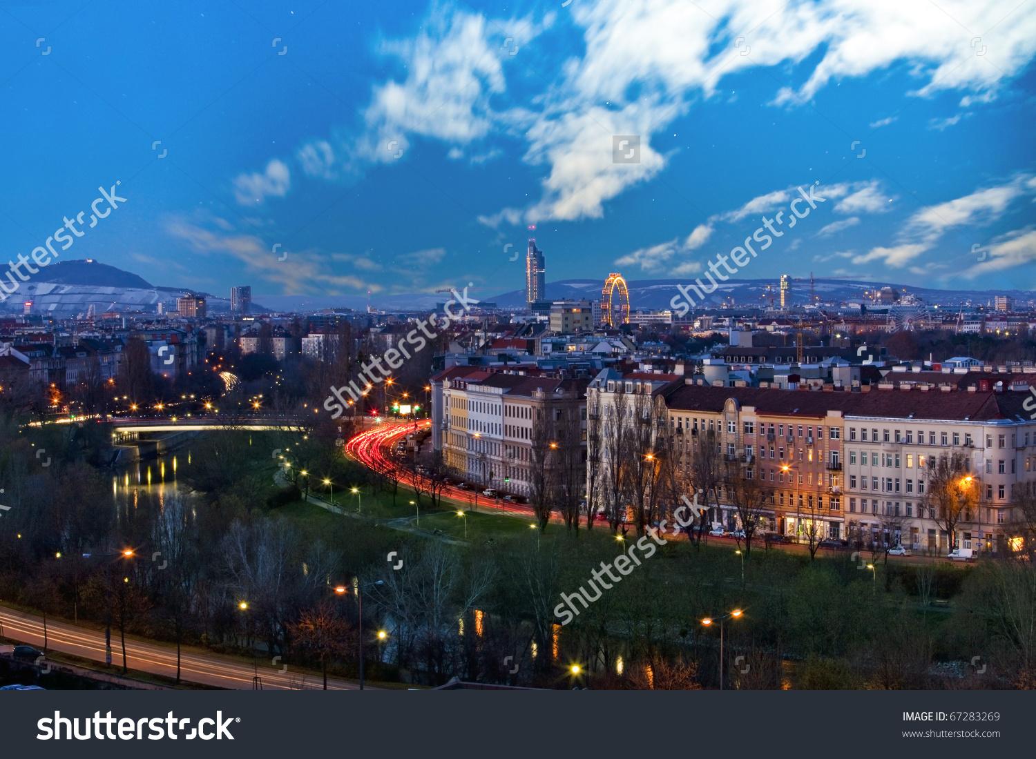 Skyline Danube Valley Vienna Night Stock Photo 67283269.