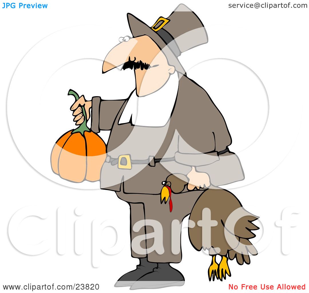 Clipart Illustration of a Male Pilgrim In Brown, Carrying A Pumpkin.