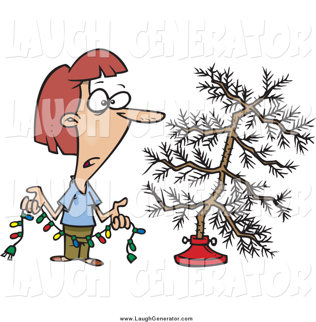 Humorous Clip Art of a Depressed Woman Holding Colorful Christmas.