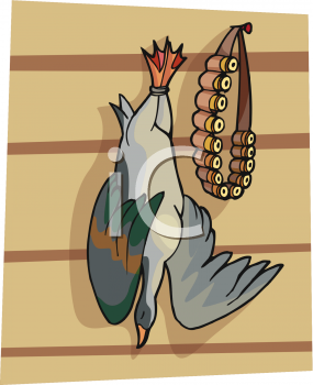 Clipart Image of a Duck Hanging Next to Shotgun Shells.