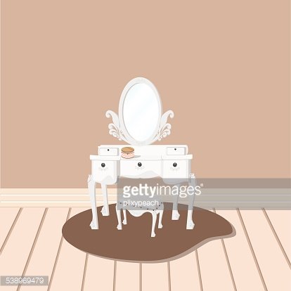 white dressing table with relate mirror and stool Clipart.