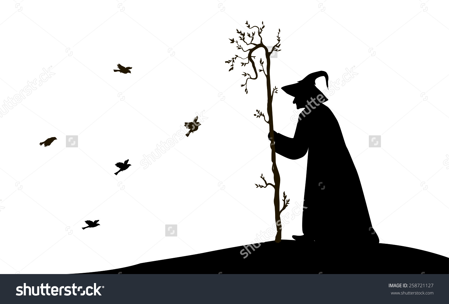 Silhouette Old Enchantress Tree Stick Flying Stock Vector.