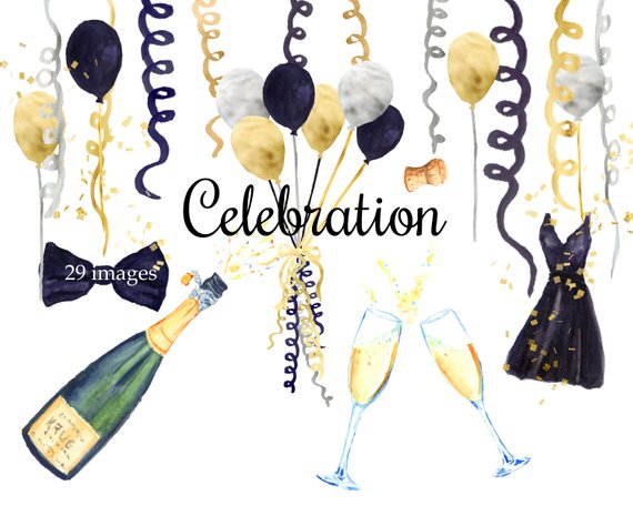 Celebration Watercolor Clipart, New Years clipart, Black Tie.