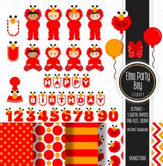 Elmo Party Boy, Elmo Party Theme, First Birthday, Birthday, Digital Paper,  Clipart, Balloons, Gabz.