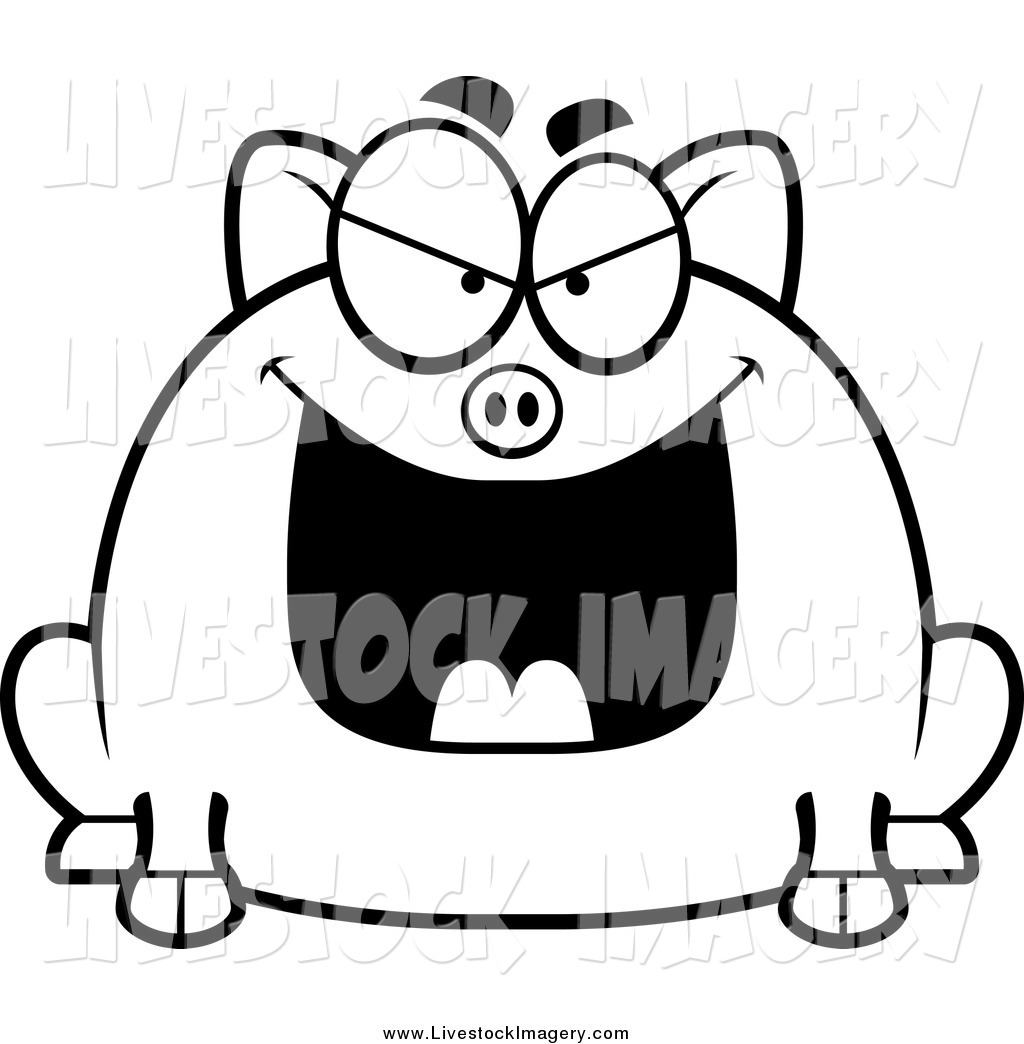 Clip Art of a Black and White Chubby Evil Pig Grinning by.