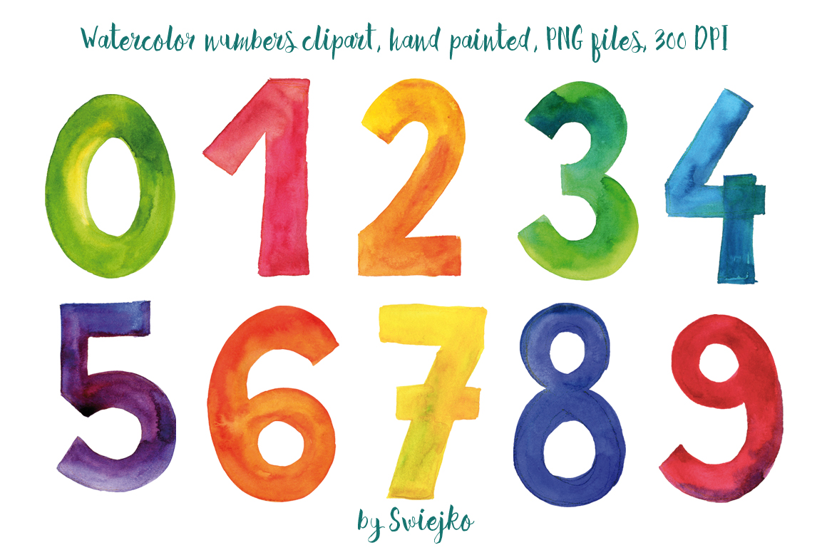 Numbers, watercolor clipart, colorful letters, hand painted, 123.