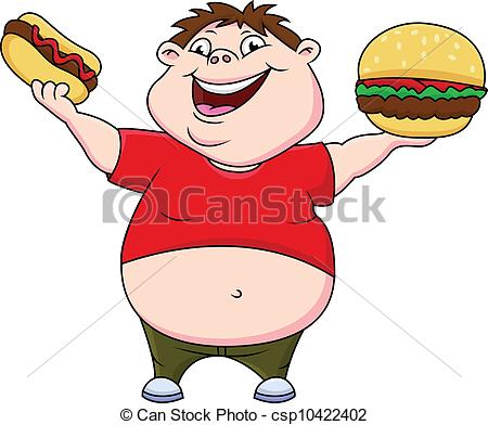 Vector Clipart of Fat boy with burger and hot dog csp10422402.