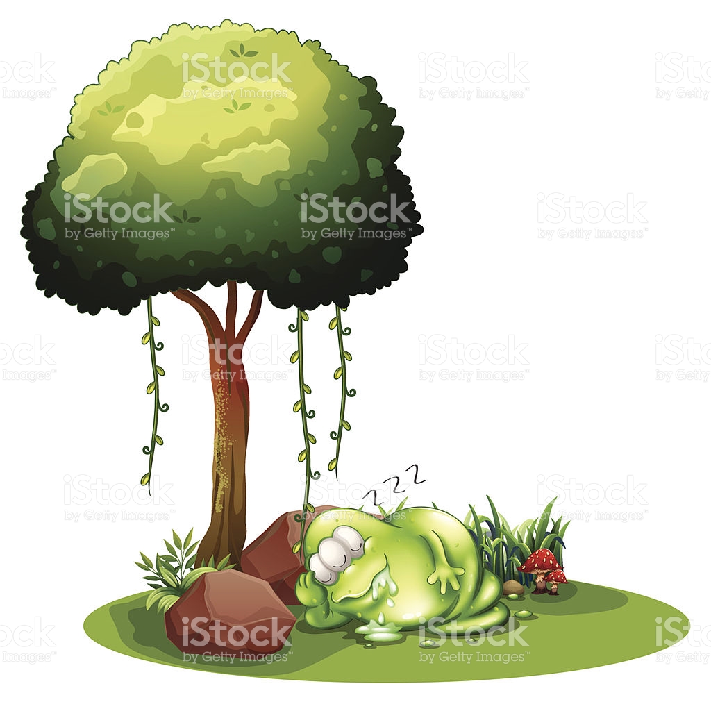 Fat Green Monster Sleeping Under The Tree stock vector art.