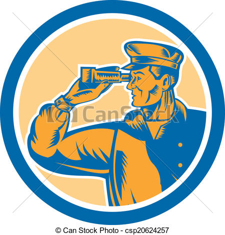 Clipart Vector of Fisherman Sea Captain Binoculars Circle Retro.