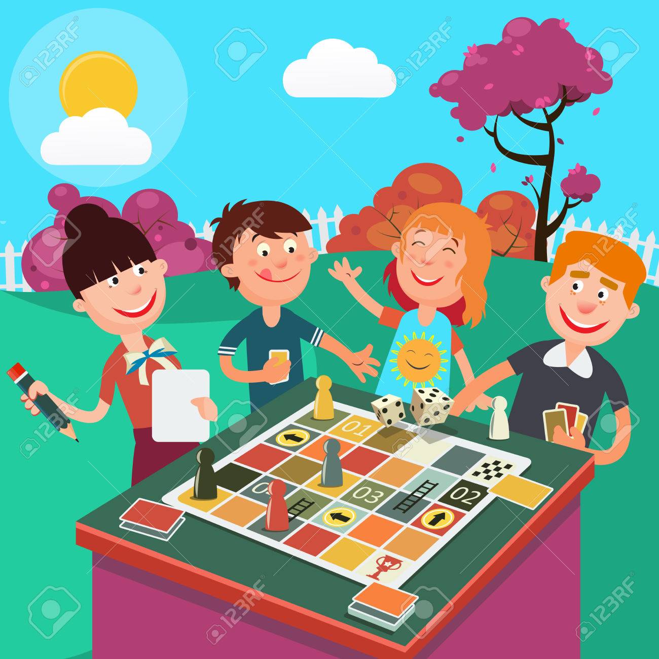 Family Playing Board Game Outdoor. Happy Family Weekend. Vector...