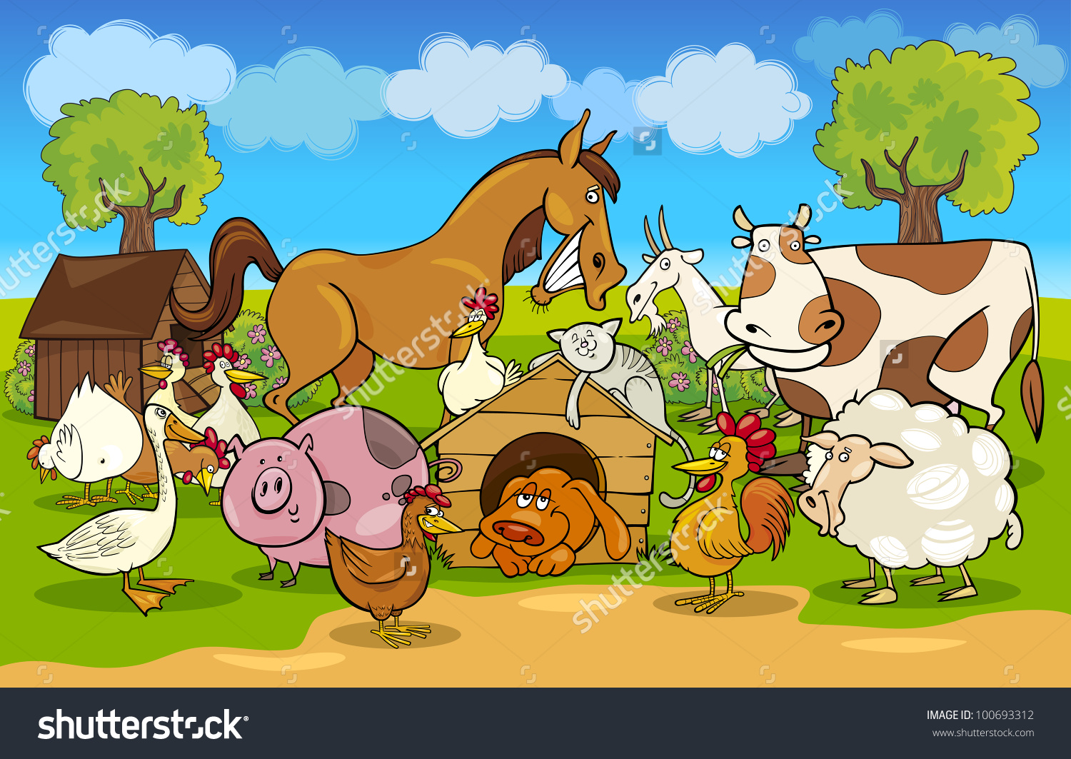 Cartoon Illustration Rural Scene Farm Animals Stock Vector.