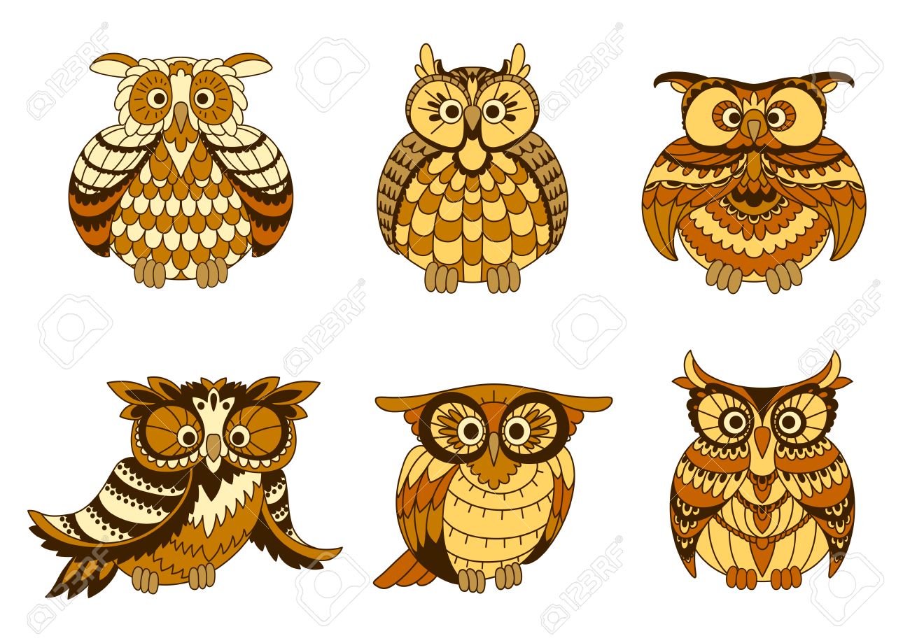 Cartoon Owls Birds With Brown And Yellow Plumage, Ornamental.