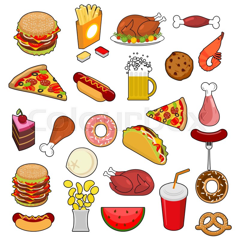 Fast Food big set. Signs of feed. Icon Collection of meat. Pizza.