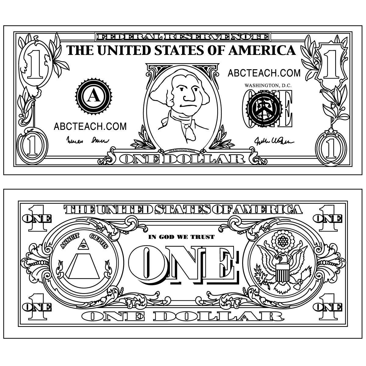 Clip Art: Five Dollar Bill Outline Back B&W.