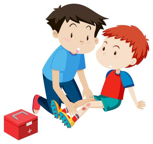 A man helping a boy first aid.