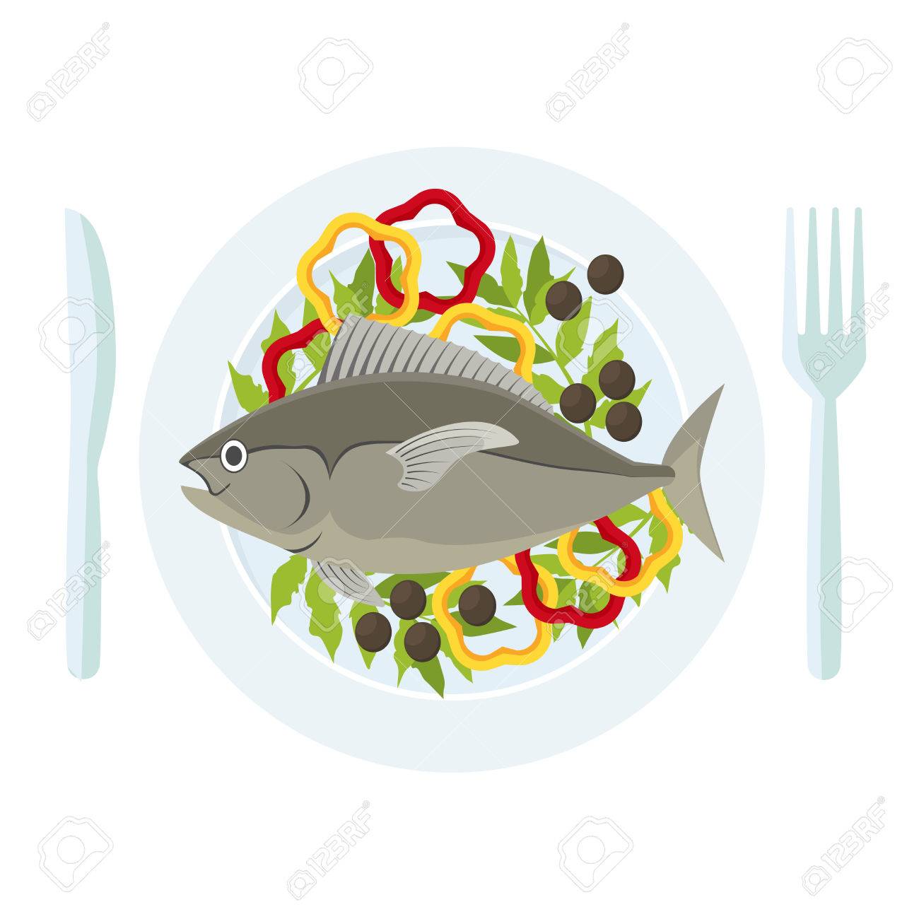 Cartoon Fish and Fresh Vegetables on a Plate. Vector.