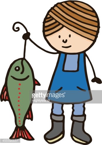 Girl fisherwoman holding up a large fish Clipart Image.