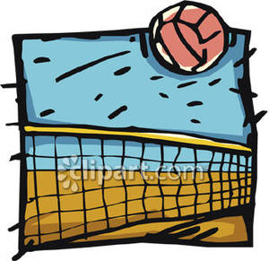 A Volleyball Flying Over a Net Royalty Free Clipart Picture.