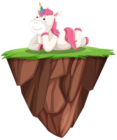 Cute pink unicorn on floating island.