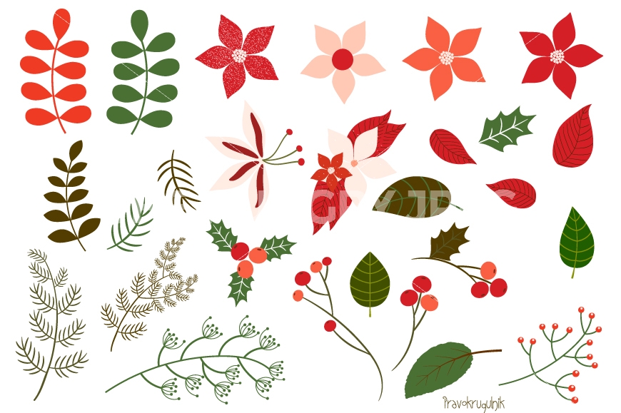 Christmas foliage clipart set, Christmas flowers clip art.