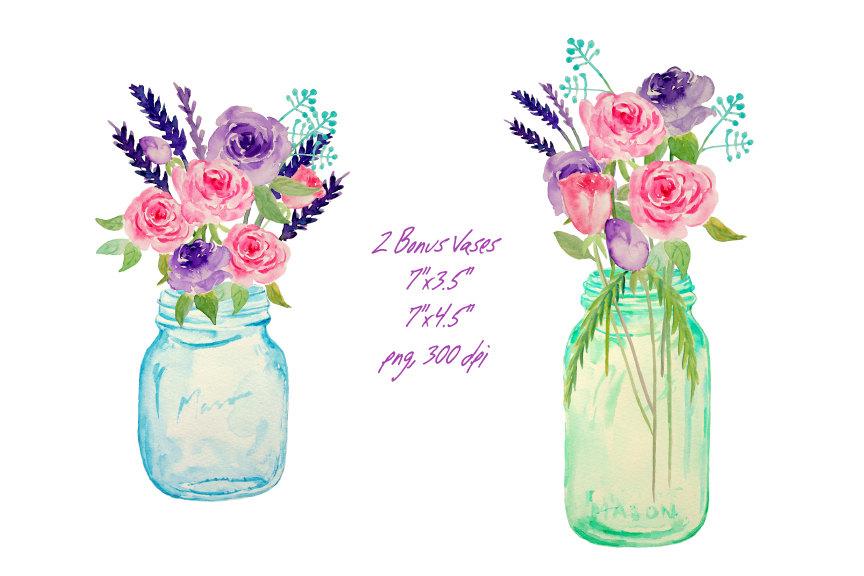 Watercolor mason jar and rose, pink rose, purple rose, mason jar clipart,  instant download.