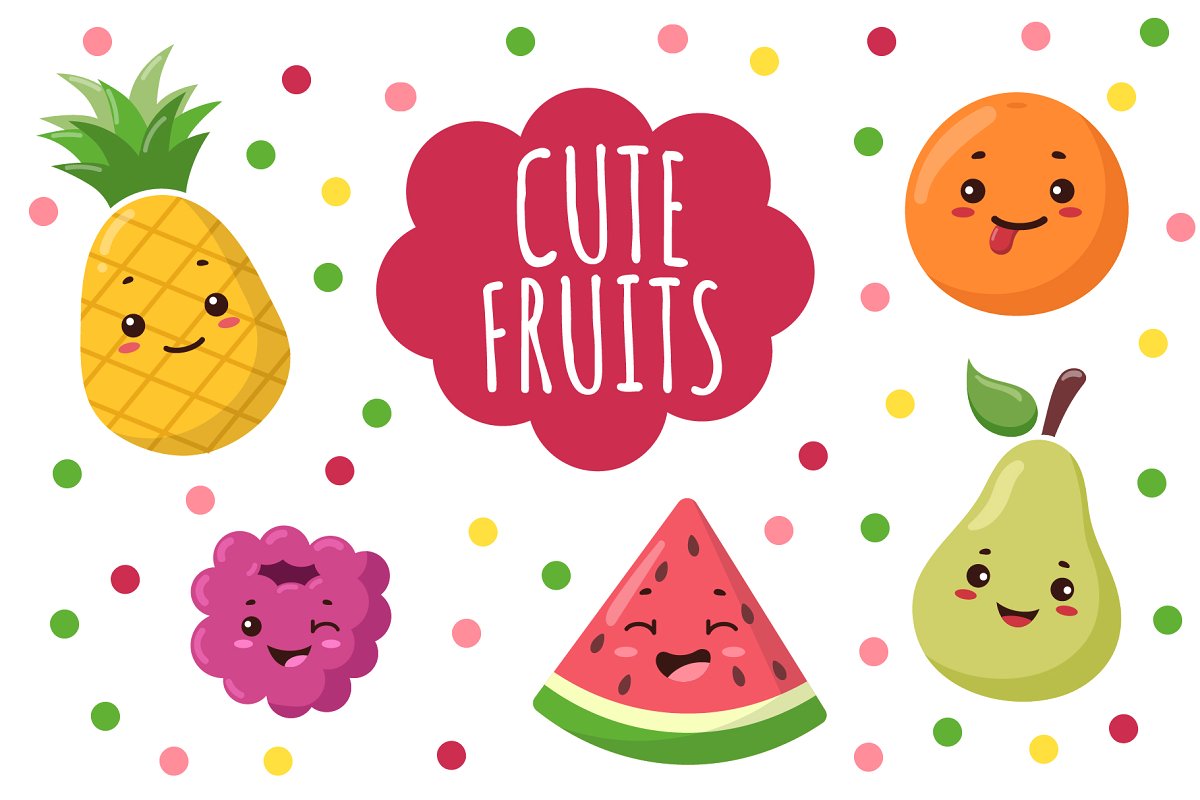 Cute kawaii fruit Clipart + patterns.