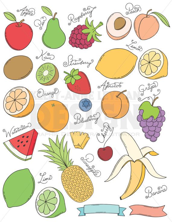 Doodle Fruit Clip Art Set, Hand drawn Food Clipart.