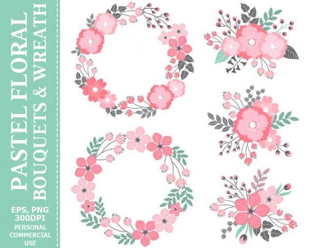 BUY 2 GET 1 FREE! Digital Pastel Wreath & Bouquets Clip Art.