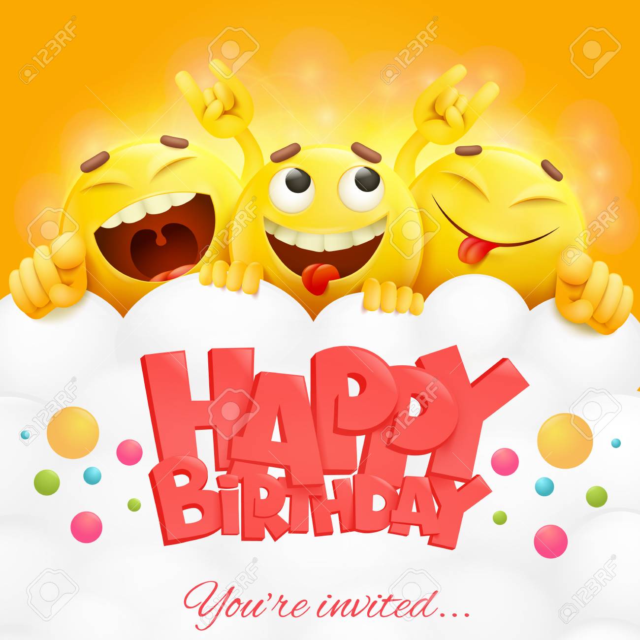 Smiley yellow faces emoji characters. Happy birthday card. realistic...