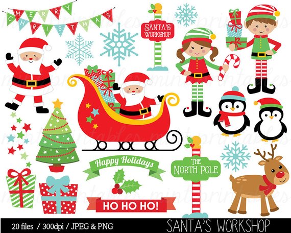 Christmas Clipart, Christmas Clip Art, Elf, Elves, Santa, Sleigh.