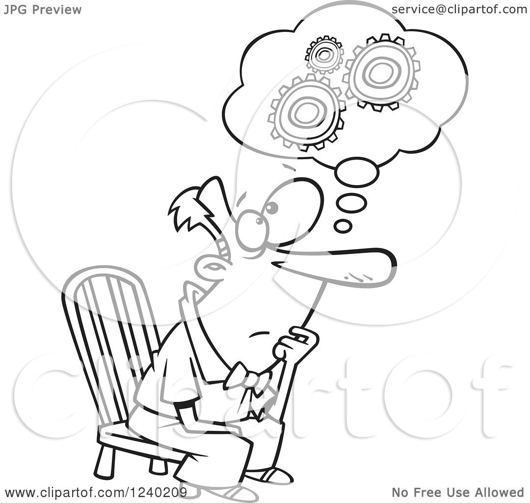 Clipart of a Black and White Gear Head Man Sitting and Thinking.