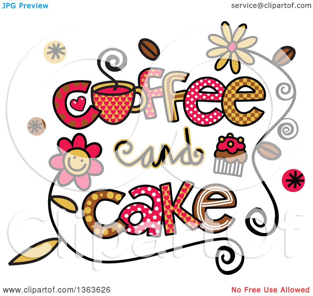 Clipart of Colorful Sketched Coffee and Cake Word Art.