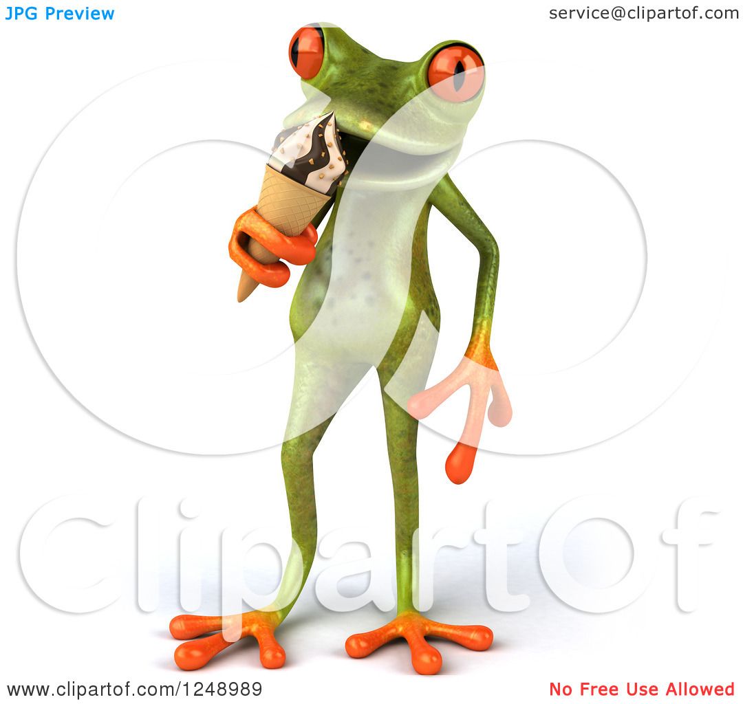 Clipart of a 3d Green Springer Frog Eating Ice Cream.