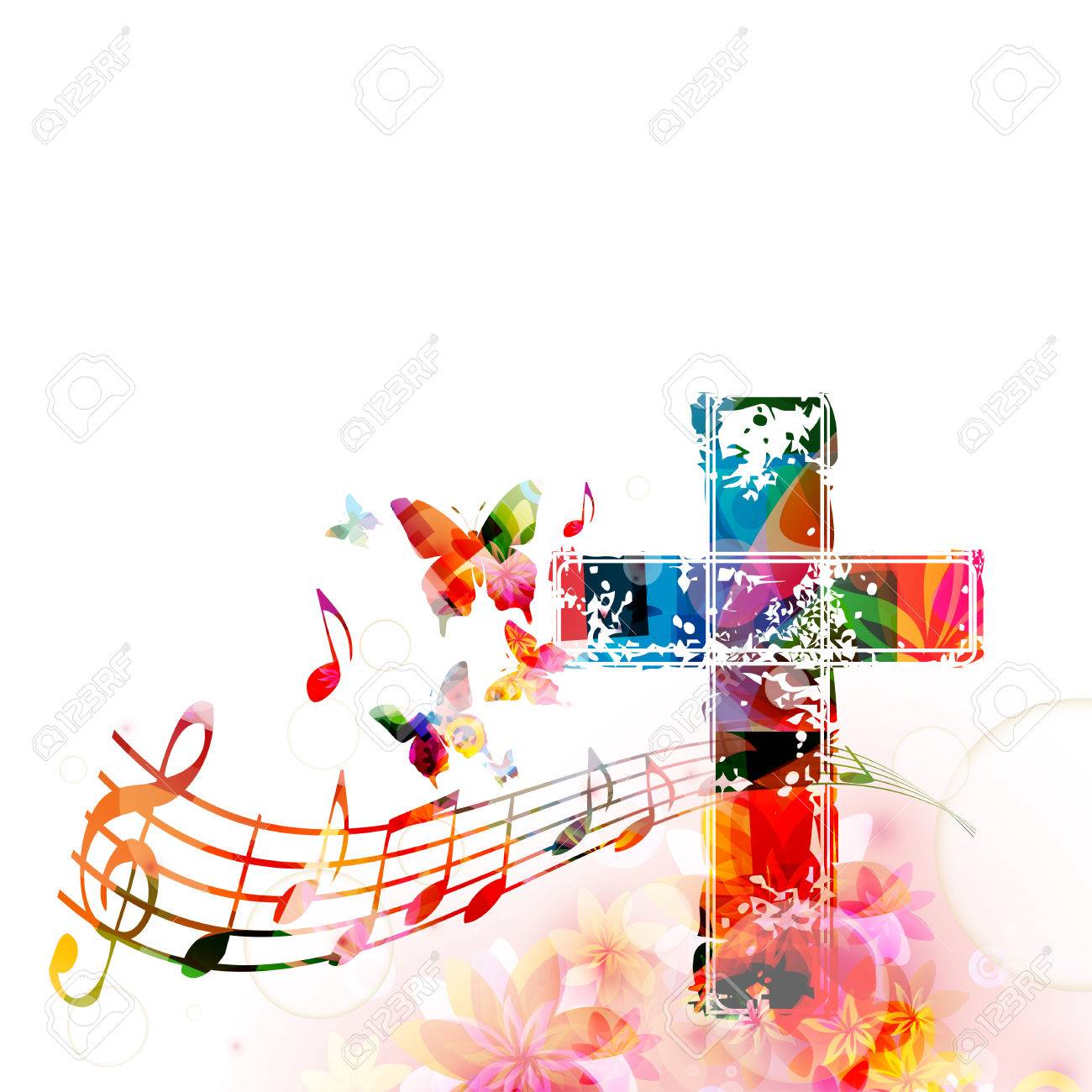 Colorful christian cross with music staff and notes isolated...