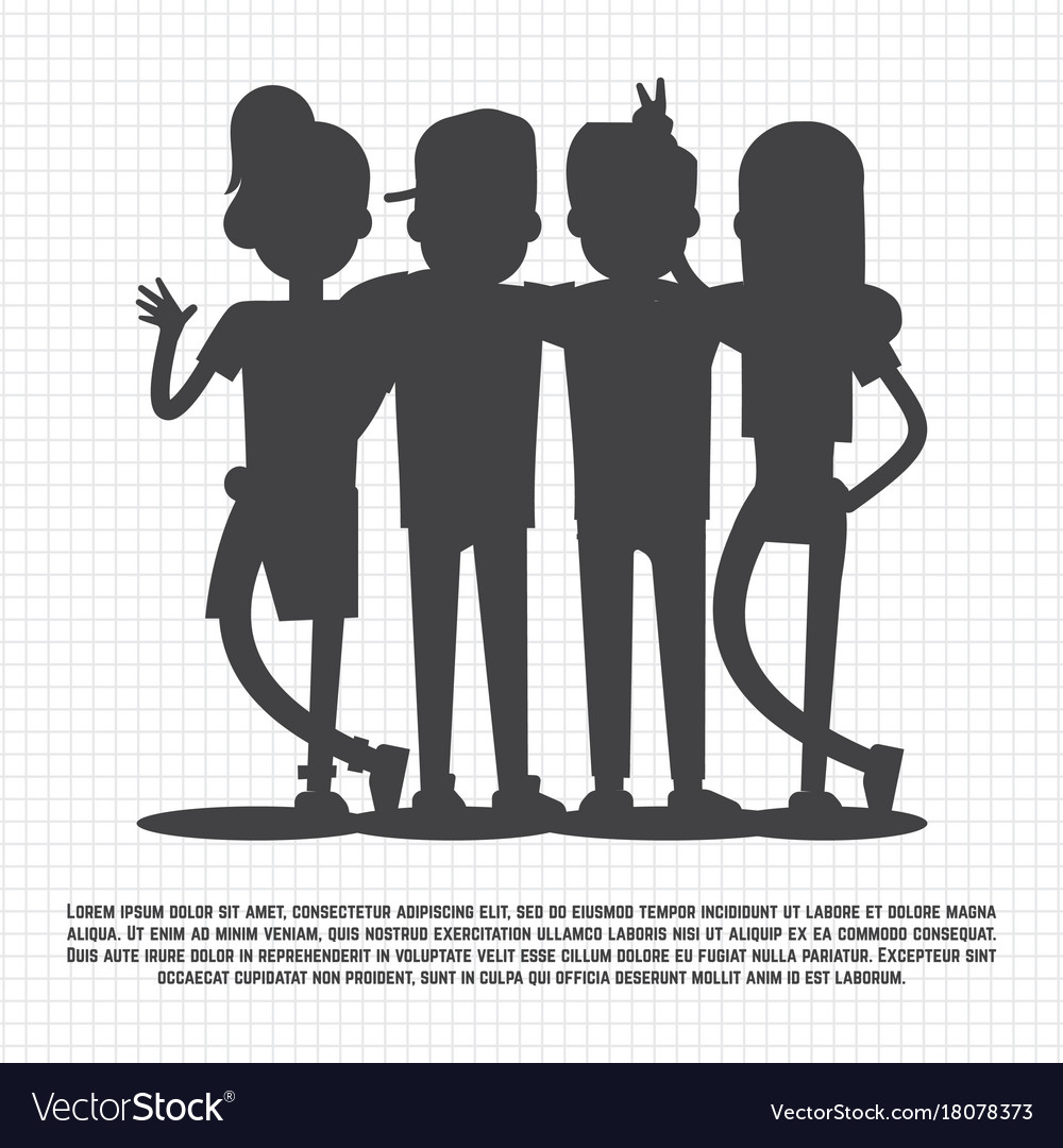 Teenagers friends silhouettes on notebook page.