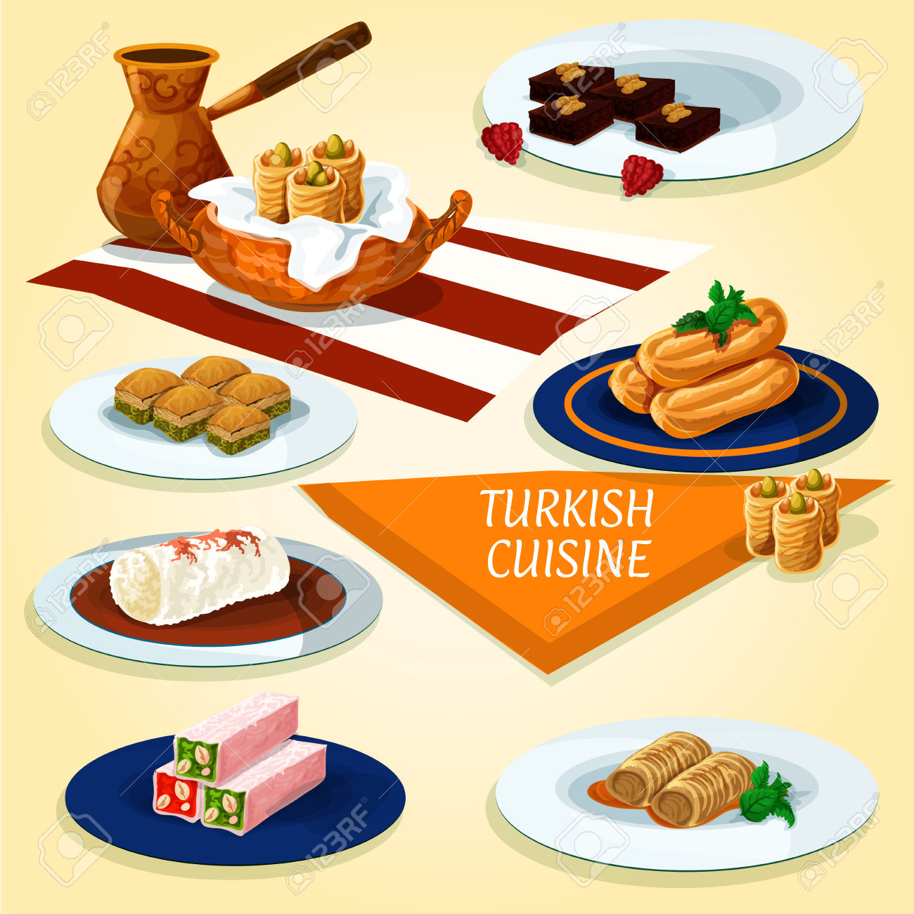 Turkish Cuisine Delights And Dessert Pastry Icon With Coffee.