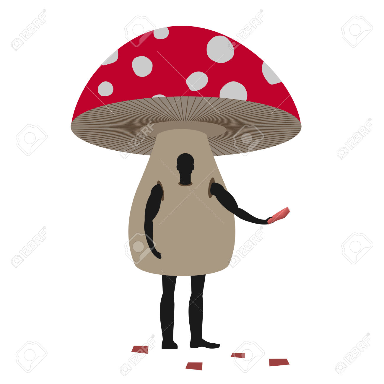 Mushroom Man Mascot Promoter. Male In Suit Amanita Distributes.