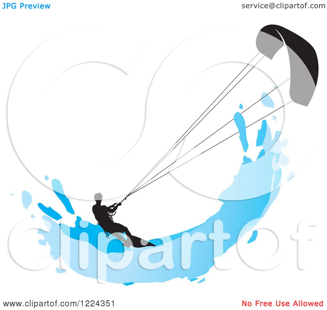 Clipart of a Silhouetted Kite Surfer with a Blue Splash.