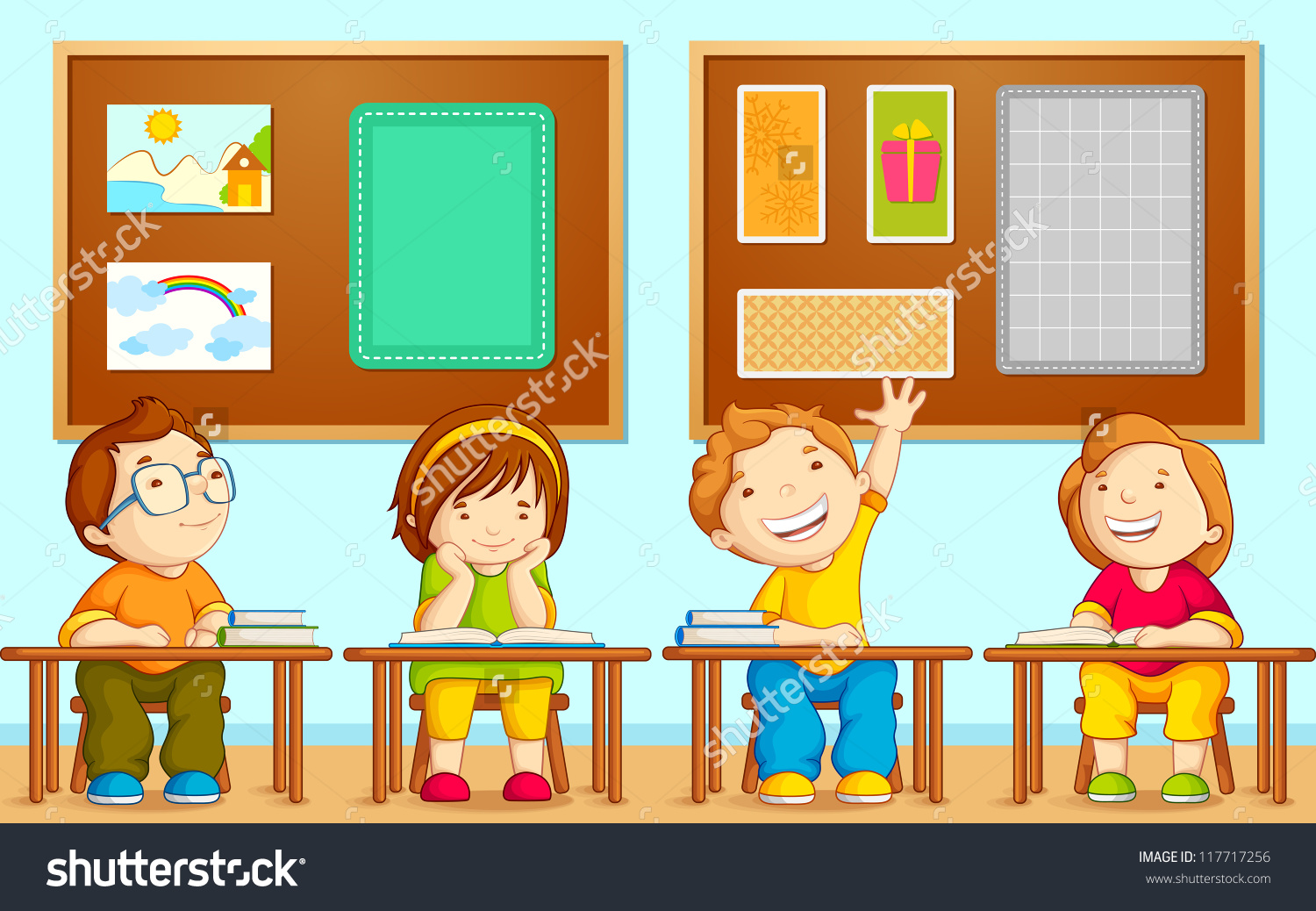 Vector Illustration Children Sitting On Table Stock Vector.