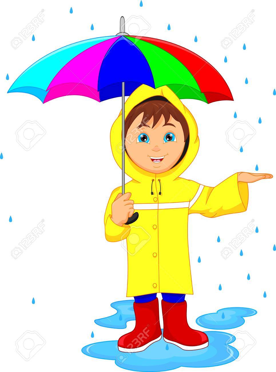 little boy in rain with umbrella.