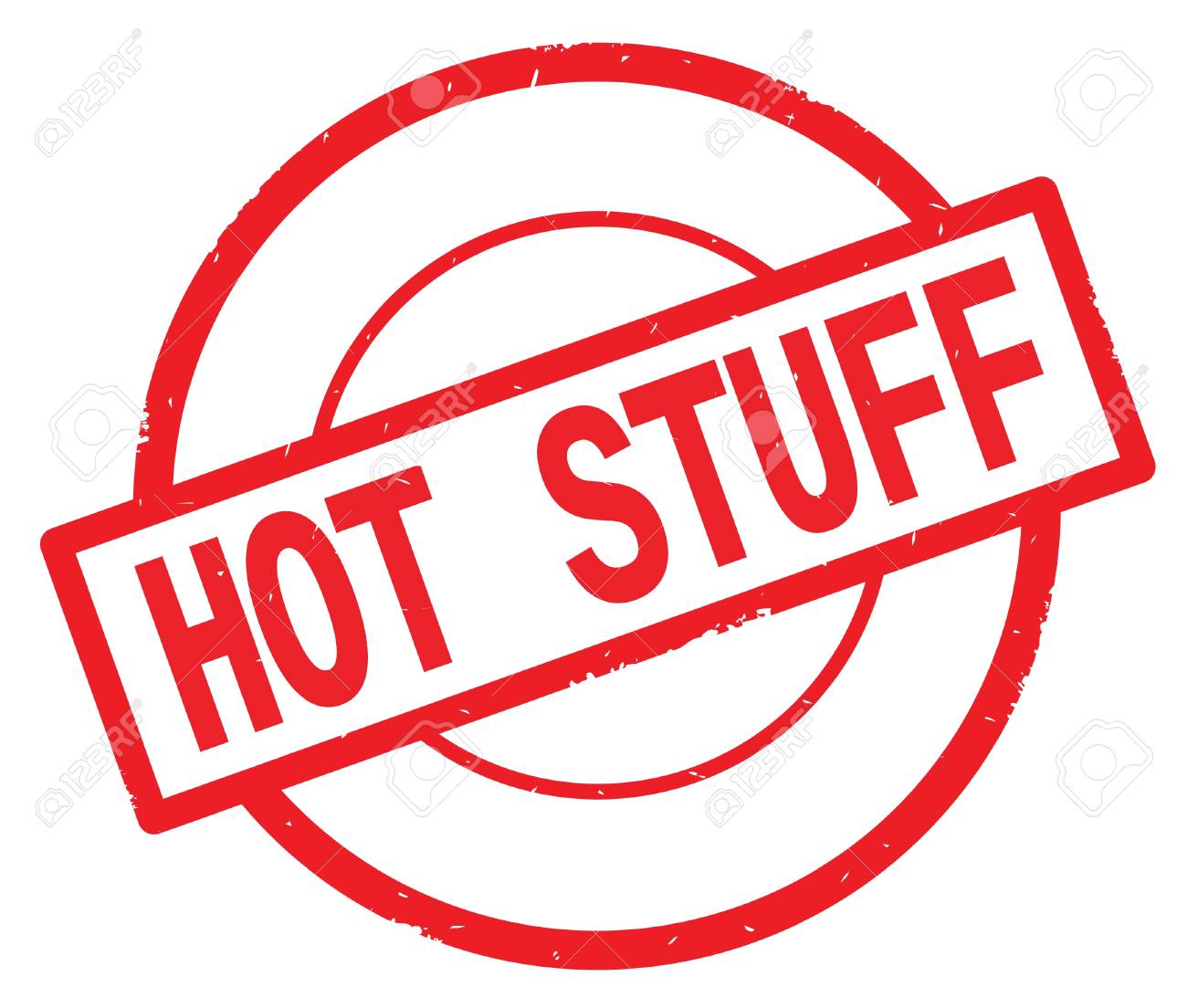 HOT STUFF text, written on red simple circle rubber vintage stamp..