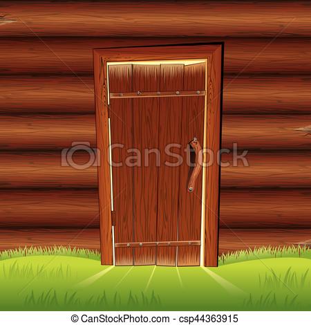 Vector Clip Art of Old Door on Wooden Log Wall. Log House Facade.