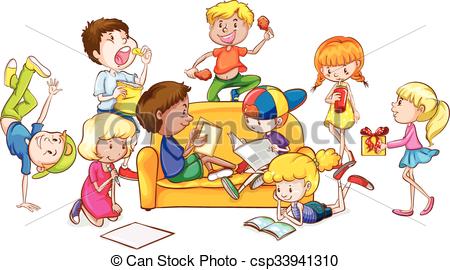 Vector Clip Art of Children having fun in the room illustration.