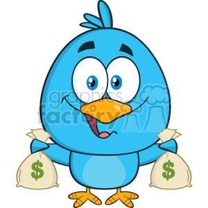 8834 Royalty Free RF Clipart Illustration Happy Blue Bird Cartoon Character  Holding A Bags Of Money Vector Illustration Isolated On White clipart..